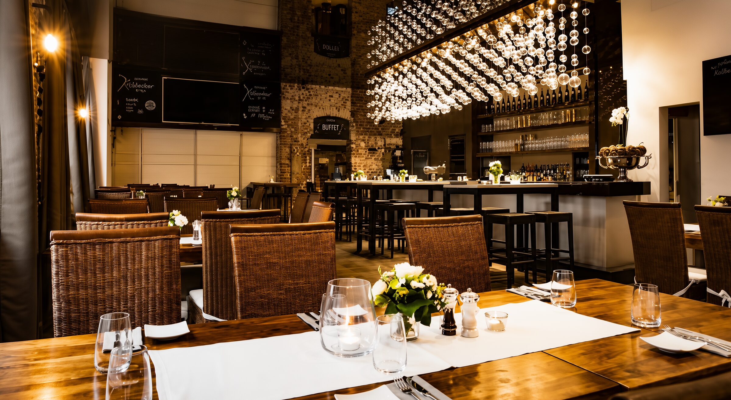 Gedeckter Tisch im Restaurant des Kohlbrecher mit Blick zur Theke